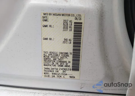 2016 Nissan Altima 2.5/2.5 S/2.5 Sl/2.5 Sr/2.5 Sv from USA, damaged, VIN 1N4AL3AP7GC249029